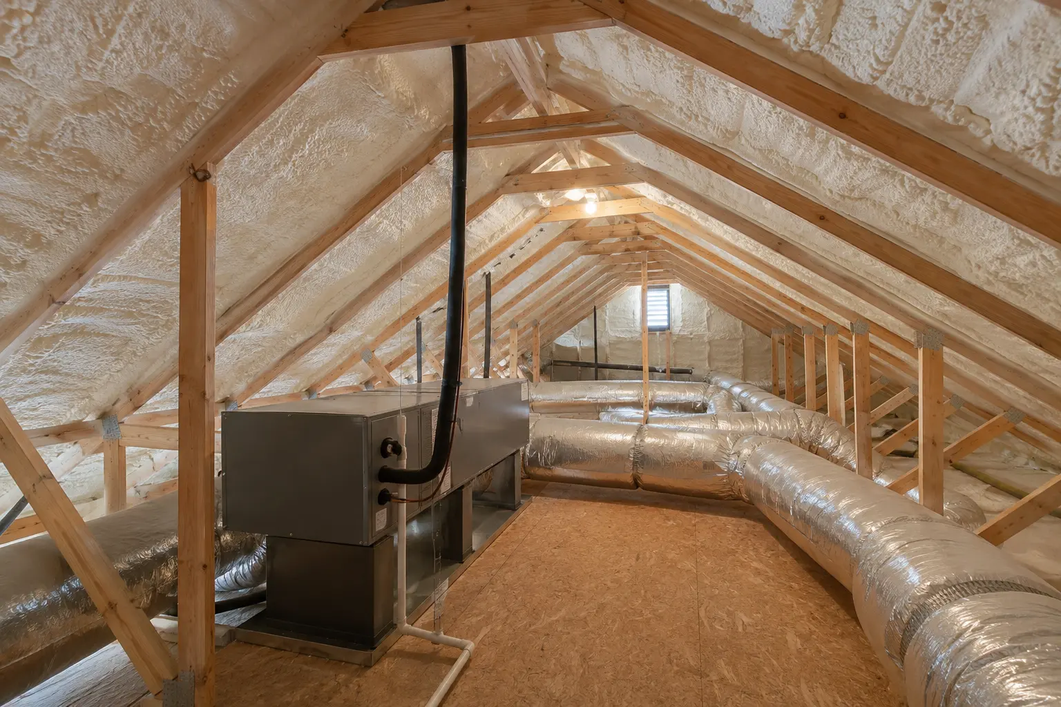 Spray foam insulation along an encapsulated attic roofline