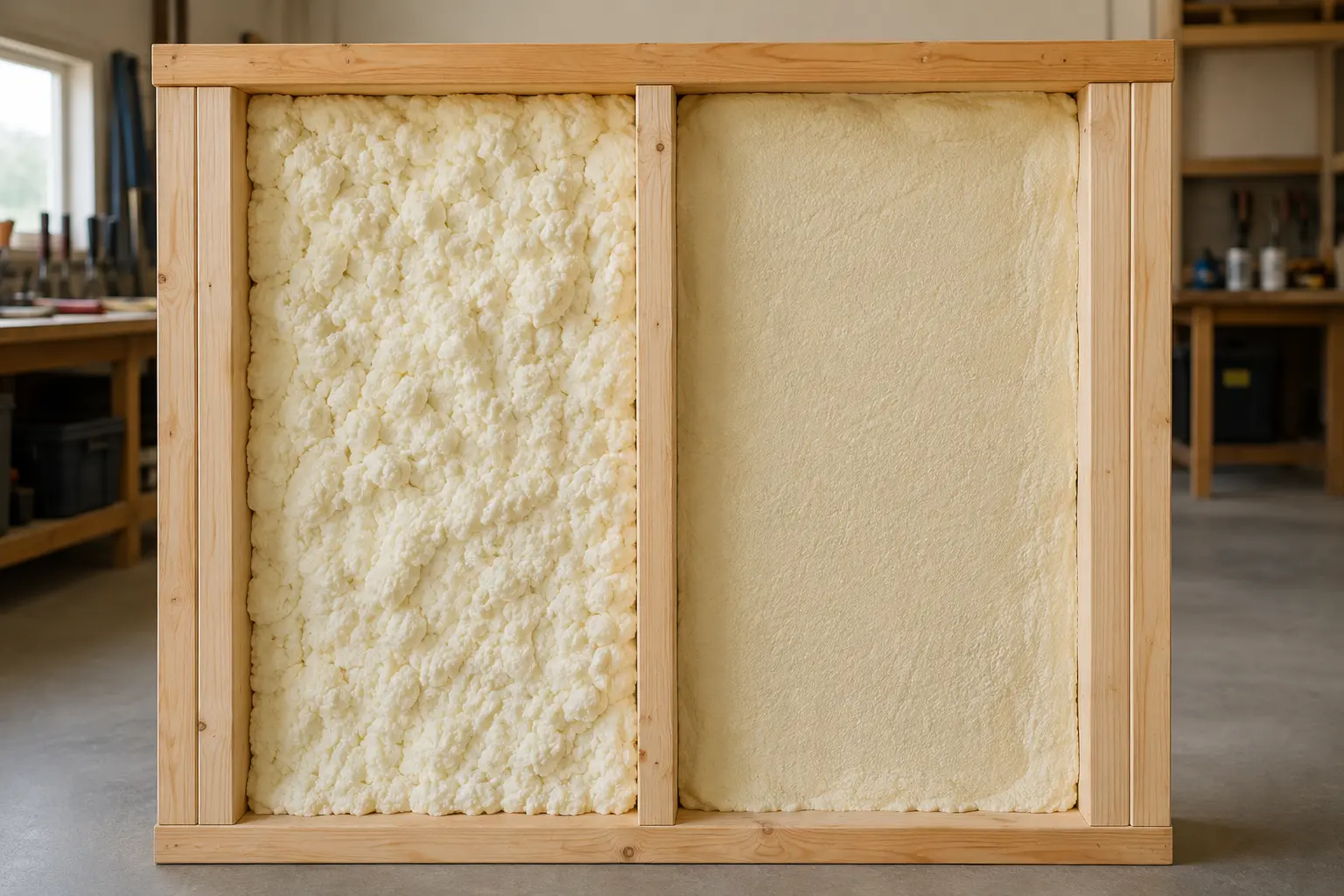 Open-cell and closed-cell spray foam textures shown side by side