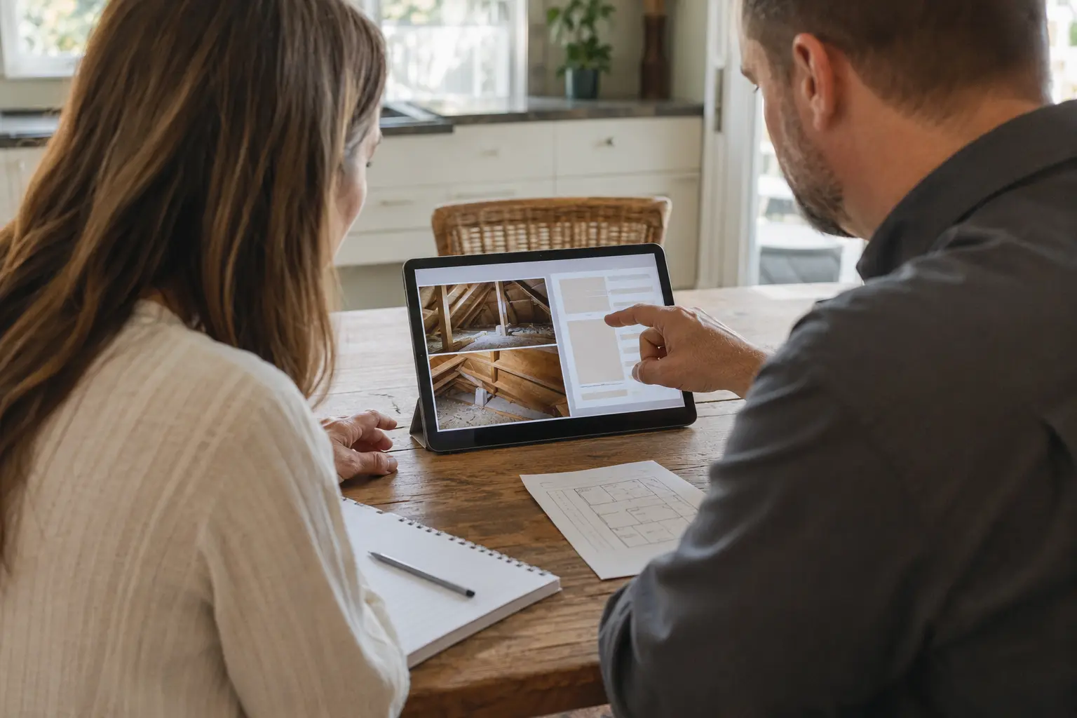 Homeowner reviewing project details with an insulation professional