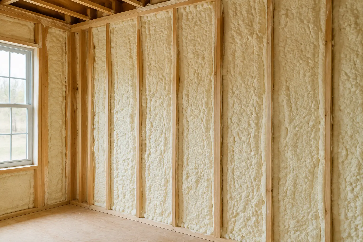 Open-cell spray foam filling interior wall cavities